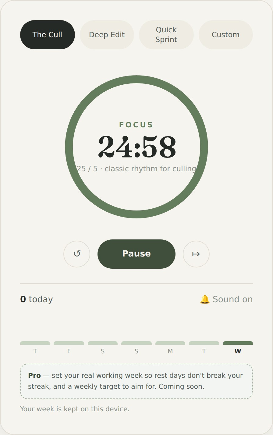 The Focus Timer mid-session, showing a sage progress ring counting down