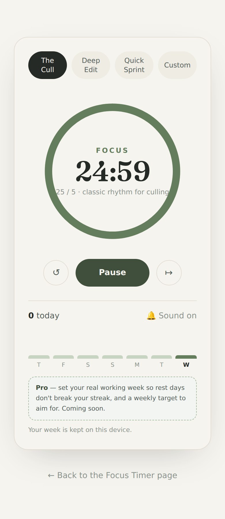 The Focus Timer running on a phone, looking like a native app